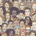 Diverse crowd of people - seamless pattern of hand drawn faces, multi ethnic group